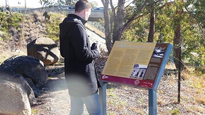 Man reading a sign board in treed area with road bridge in background