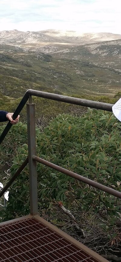 man walking up metal stairs with valley and mountains behind