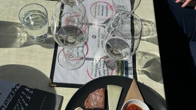 Wine tasting accompanied by a small charcuterie plate at Mount Majura Vineyard