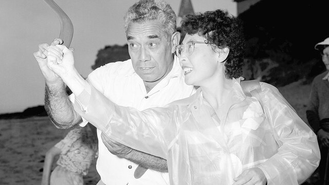 Bill Onus teaches the Republic of Korea’s Junior Red Cross Deputy Director how to throw a boomerang, Bill Onus teaches the Republic of Korea’s Junior Red Cross Deputy Director how to throw a boomerang,