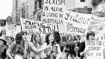 Black and white photograph of a women's rights protest