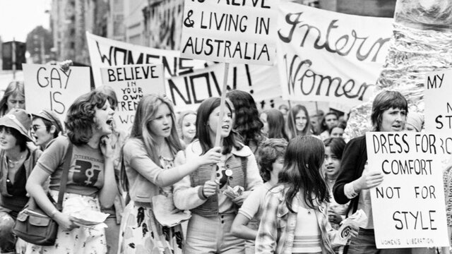 Black and white photograph of a women's rights protest