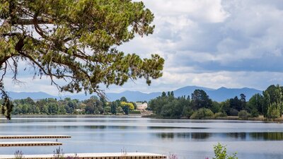 View of The Governor General's residence perched on Lake Burley Griffin