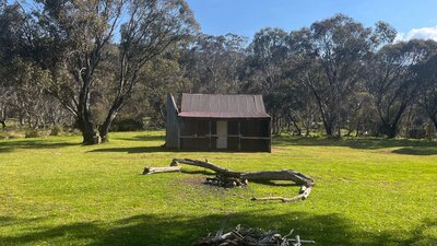 A hut in the middle of an open field with some trees in the background.