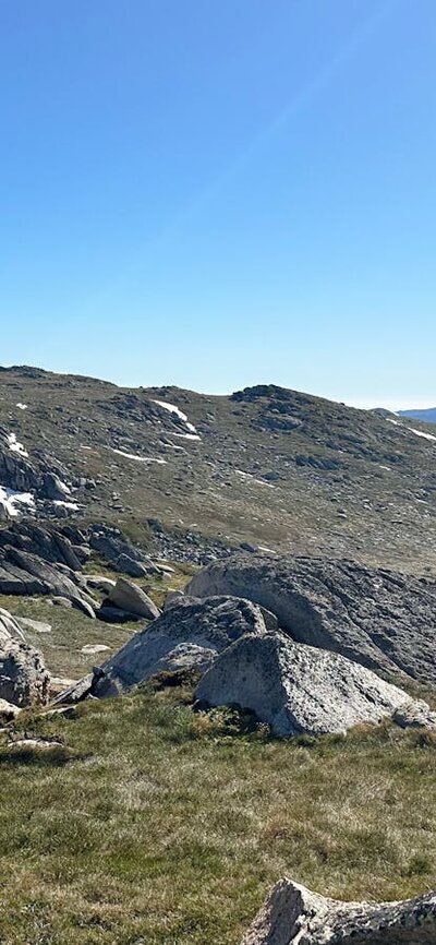 Large boulders in the mountains with some snow on a peak behind it.