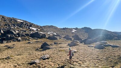 A hiker standing in open terrain with some snow in the background.