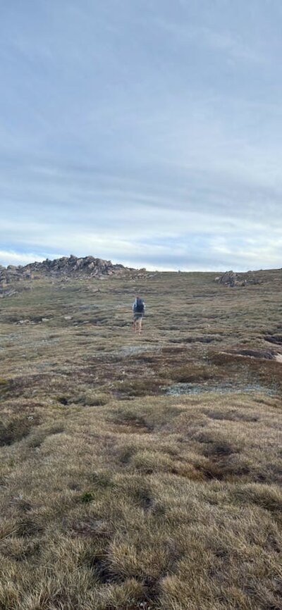 A few alpine bogs across rolling terrain with an overcast sky.