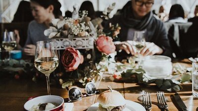 Table set with flowers and truffle dishes