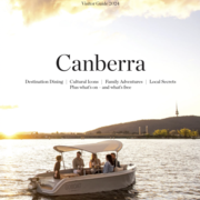 © Lean Timms Cover for the Annual Visitor Guide 2024 with a GoBoat on Lake Burley Griffin during sunset with Black Mountain in the background | © Lean Timms