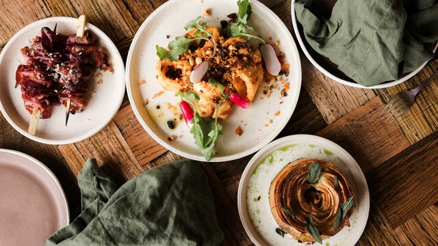 Various dishes on a table.