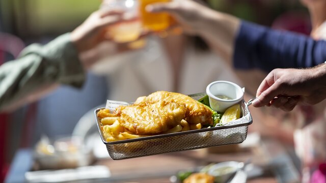 A basket of fish and chips being passed across a table laden with food.