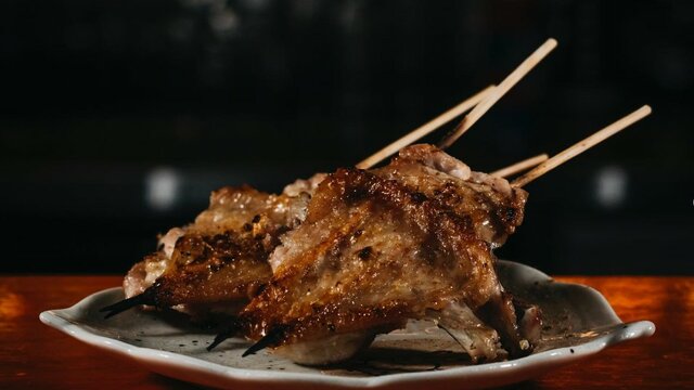 Two skewers of meat plated together.