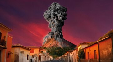 A graphic of a volcano erupting over a village.