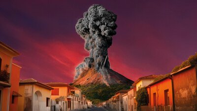 A graphic of a volcano erupting over a village.