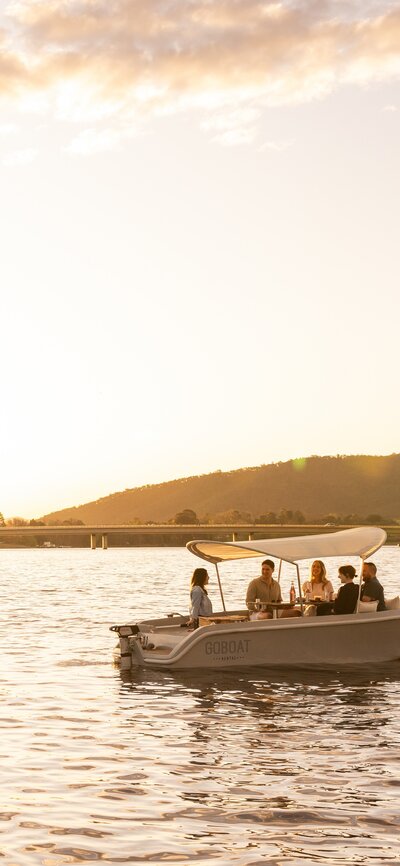 An electric picnic boat on the water.