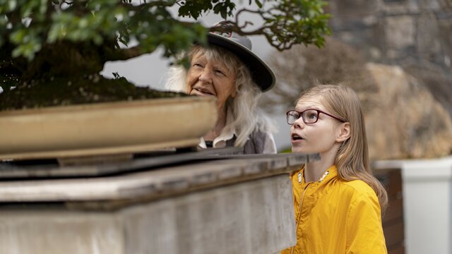 A young girl and older lady marvel at a bonsai.
