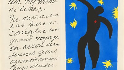 Abstract black figure of Icarus with outstretched limbs and a red heart floats against a bright blue background, surrounded by yellow starbursts