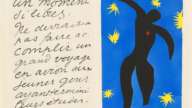 Abstract black figure of Icarus with outstretched limbs and a red heart floats against a bright blue background, surrounded by yellow starbursts