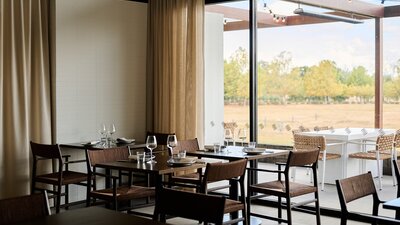 Modern restaurant interior with wooden tables set for dining, large windows, and a view of trees outside