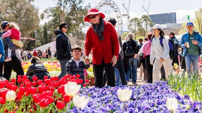 A grandmother and a grandson posing near flowers