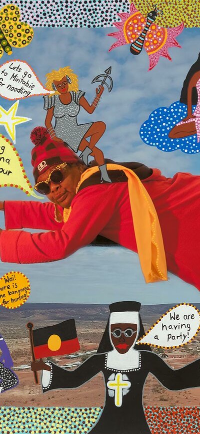 Collage of cartoon-like figures flying over a decorated landscape with speech bubbles and vibrant patterns