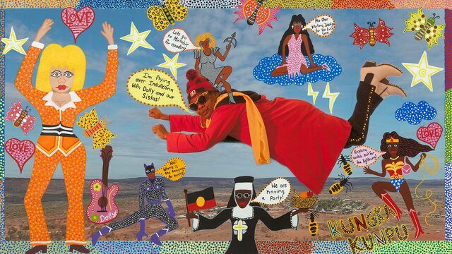 Collage of cartoon-like figures flying over a decorated landscape with speech bubbles and vibrant patterns