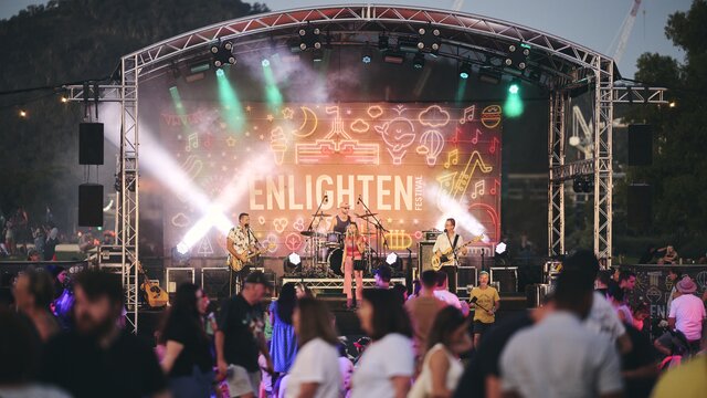 A crowd of people watching a concert on stage