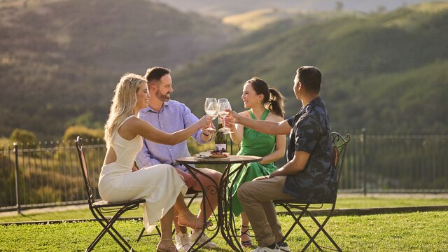 Four people looks to each other with a cheers action holding a drink with picturesque rolling ills behind them