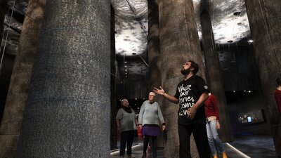 free tour group looking at tall, large trees at national museum of australia
