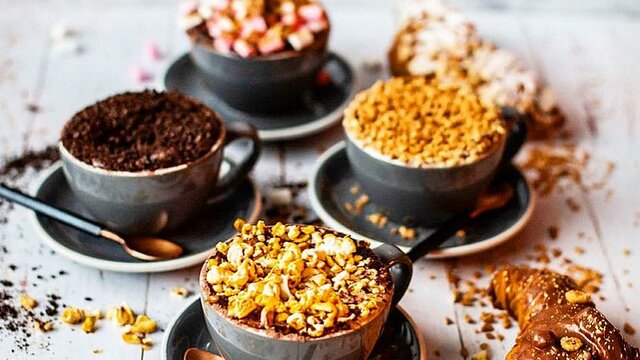 Four various creative and unique hot chocolate drinks