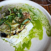 Jenna Rowe at Beltana Farm Main course food at Beltana Farm featuring fish and a green oil dressing