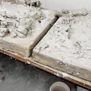 Jenna Rowe at Canberra Potters at Watson Arts Centre Pottery clay sits on slabs ready for working with