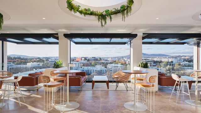 Leyla bar Barton view | © Romello Pereira View from the rooftop Leyla bar in Canberra's National Triangle as the sun sets outside the windows. | © Romello Pereira