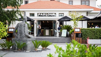 The exterior architecture of Parlour, a bar located in NewActon.