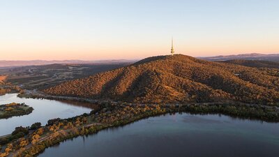 An aerial view of Telstra Tower and Black Mountain.