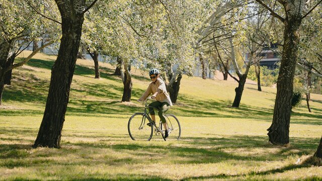 A person riding a commuter bike through a leafy park.