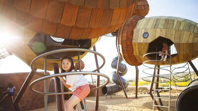 Children playing on the Pod Playground at the National Arboretum.