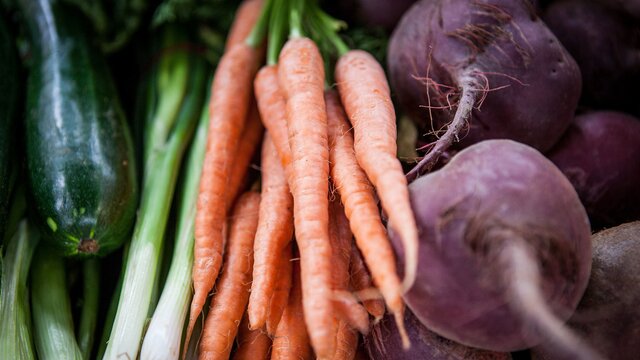 Zucchini, spring onion, carrots and beetroot.