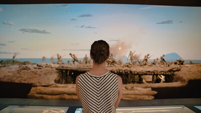 A woman looking at an exhibition of a war scene.