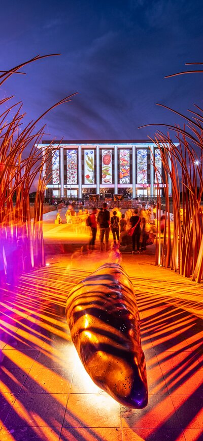 Enlighten Festival with the illuminated National Library of Australia in the background