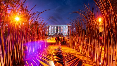 Enlighten Festival with the illuminated National Library of Australia in the background