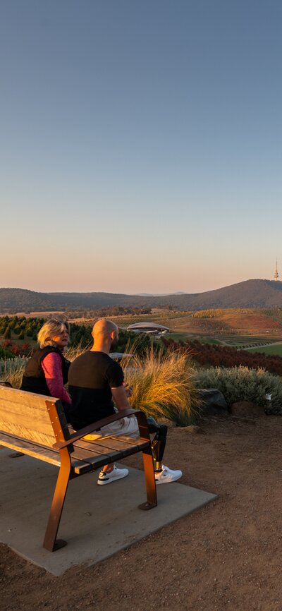 A couple sit and take in a sunset at the National Arboretum. 