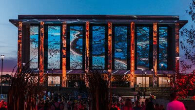 Illuminations projected on the National Library as part of the Enlighten Festival 2021.