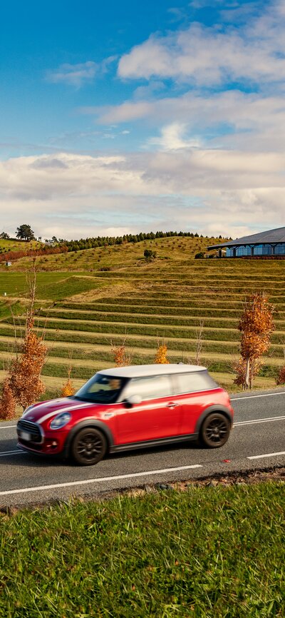 A red car driving on the road with autumn leaves near it and the National Arboretum Canberra in the background.