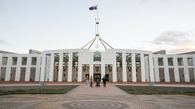 Exterior shot of the Australian Parliament House building
