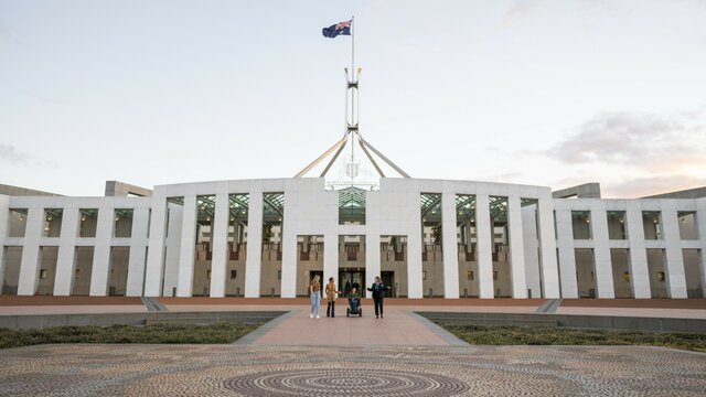 Exterior shot of the Australian Parliament House building